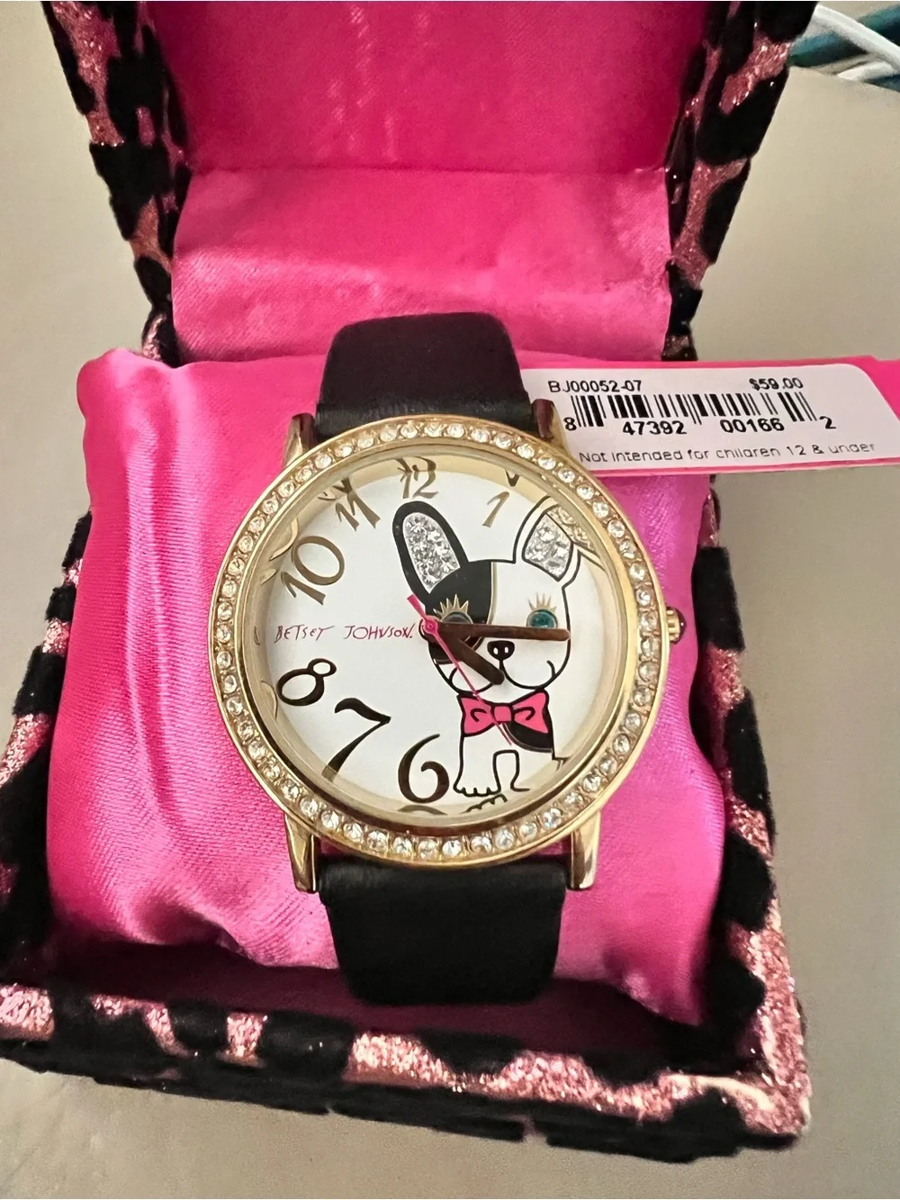 Betsey Johnson Gold Watch with Black Strap and Pink Bow Dial